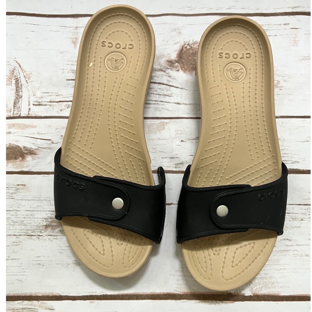 Crocs Monterey Wedge Sandals Black Tan Slide Comfort Studded Shoes Women Size 7